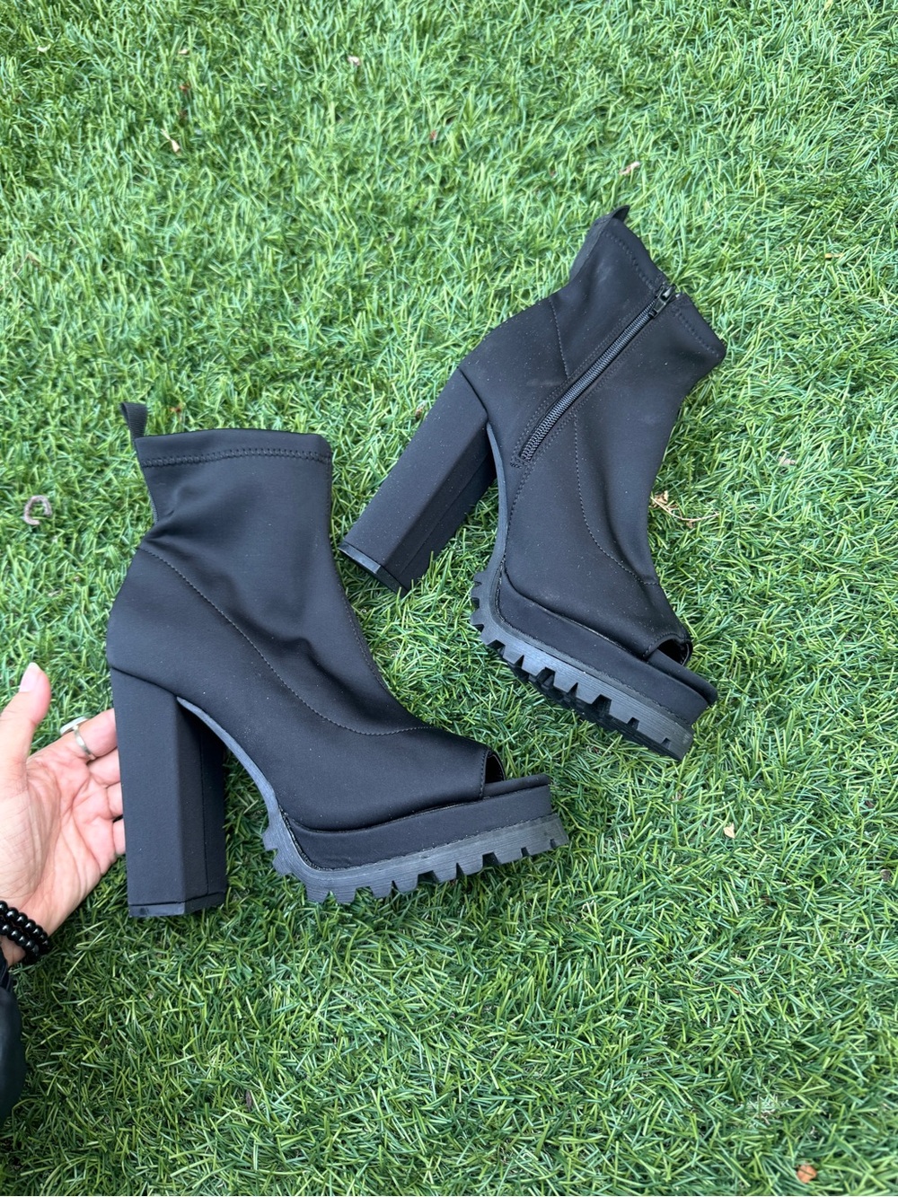 Women's Black Chunky Heel Peep-Toe Ankle Boots